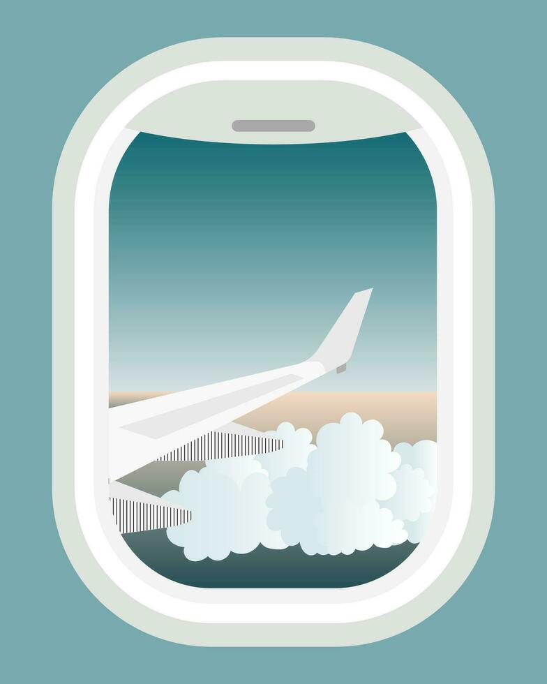 Travel illustration, sky with clouds and airplane wing from airplane porthole window. Banner, clip art, poster vector