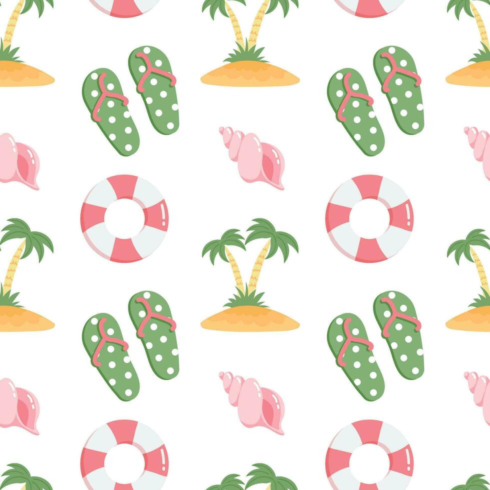 Seamless pattern, seashells, flip flops, palm trees and rubber rings on a white background. Print, summer background, textile, vector