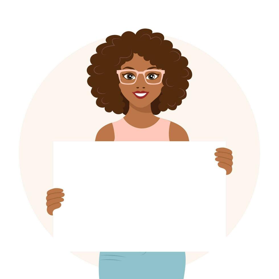 Beautiful african american woman in glasses holding a blank sign, billboard. Flat style illustration, vector