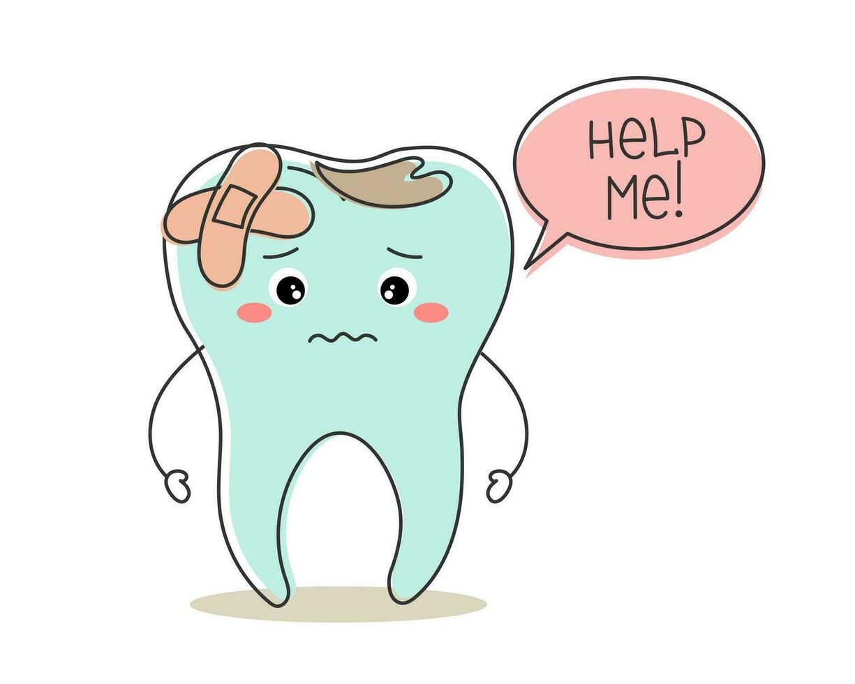 kawaii insalubre diente con dental caries, linda dibujos animados personaje. dental cuidado. ilustración, icono, vector