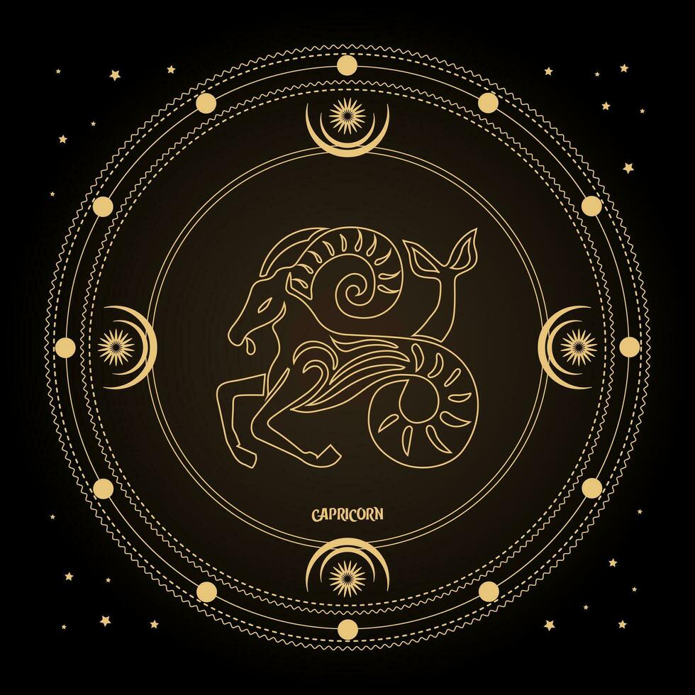 Capricorn zodiac sign, astrological horoscope sign in a mystical circle with moon, sun and stars. Golden design, vector