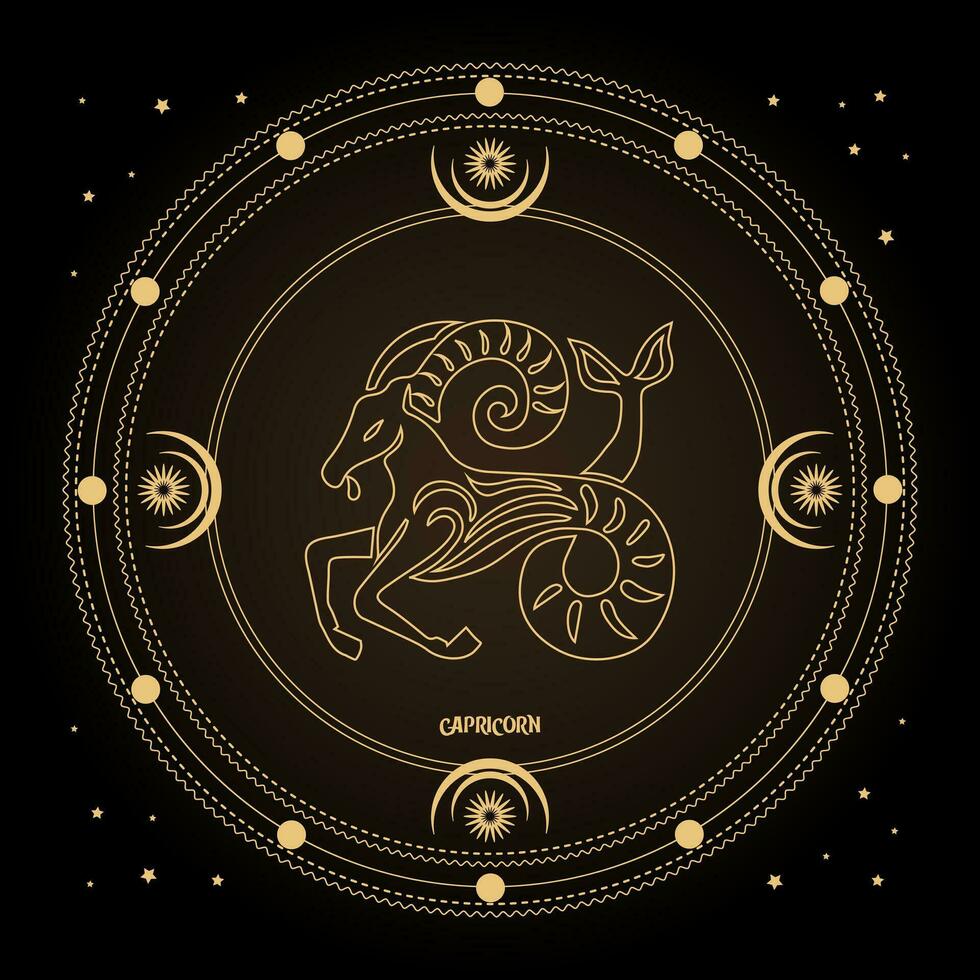 signo del zodiaco capricornio, signo del horóscopo astrológico en un círculo místico con luna, sol y estrellas. diseño dorado, vectorial vector