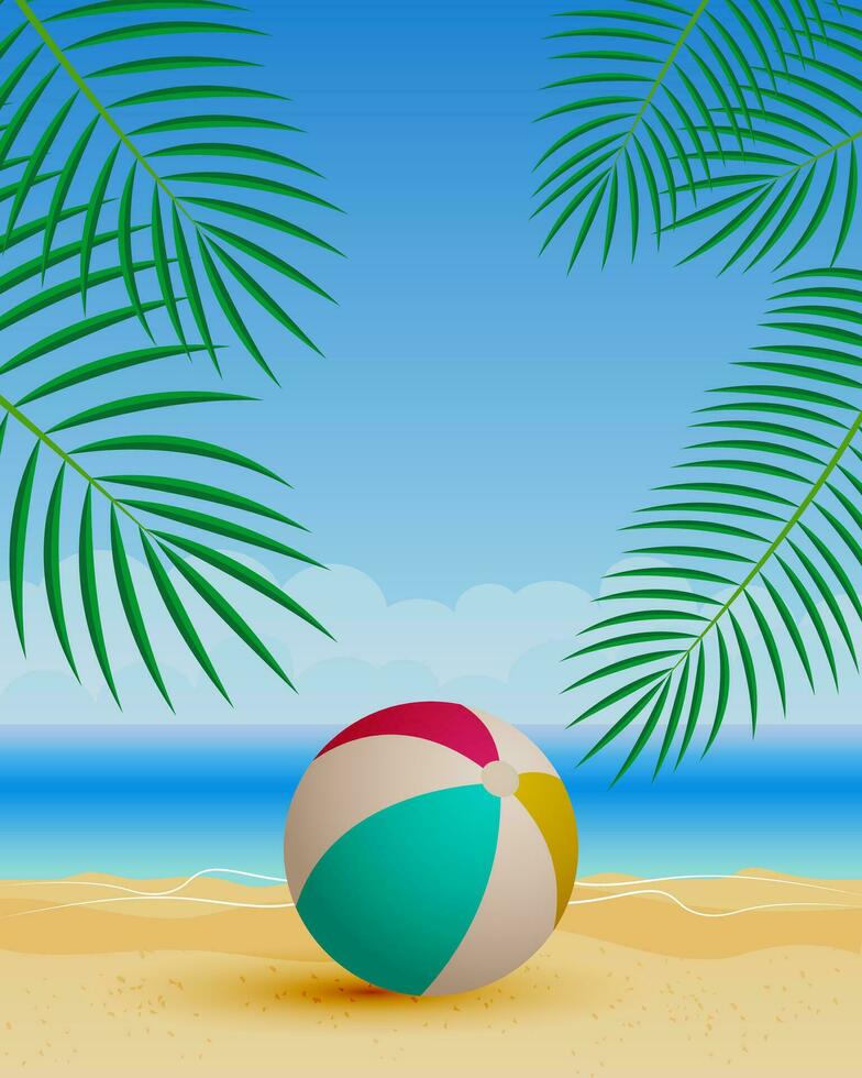 Inflatable colorful ball on the sandy beach and the sea with tropical leaves, seascape. Summer vacation and travel illustration. Vector