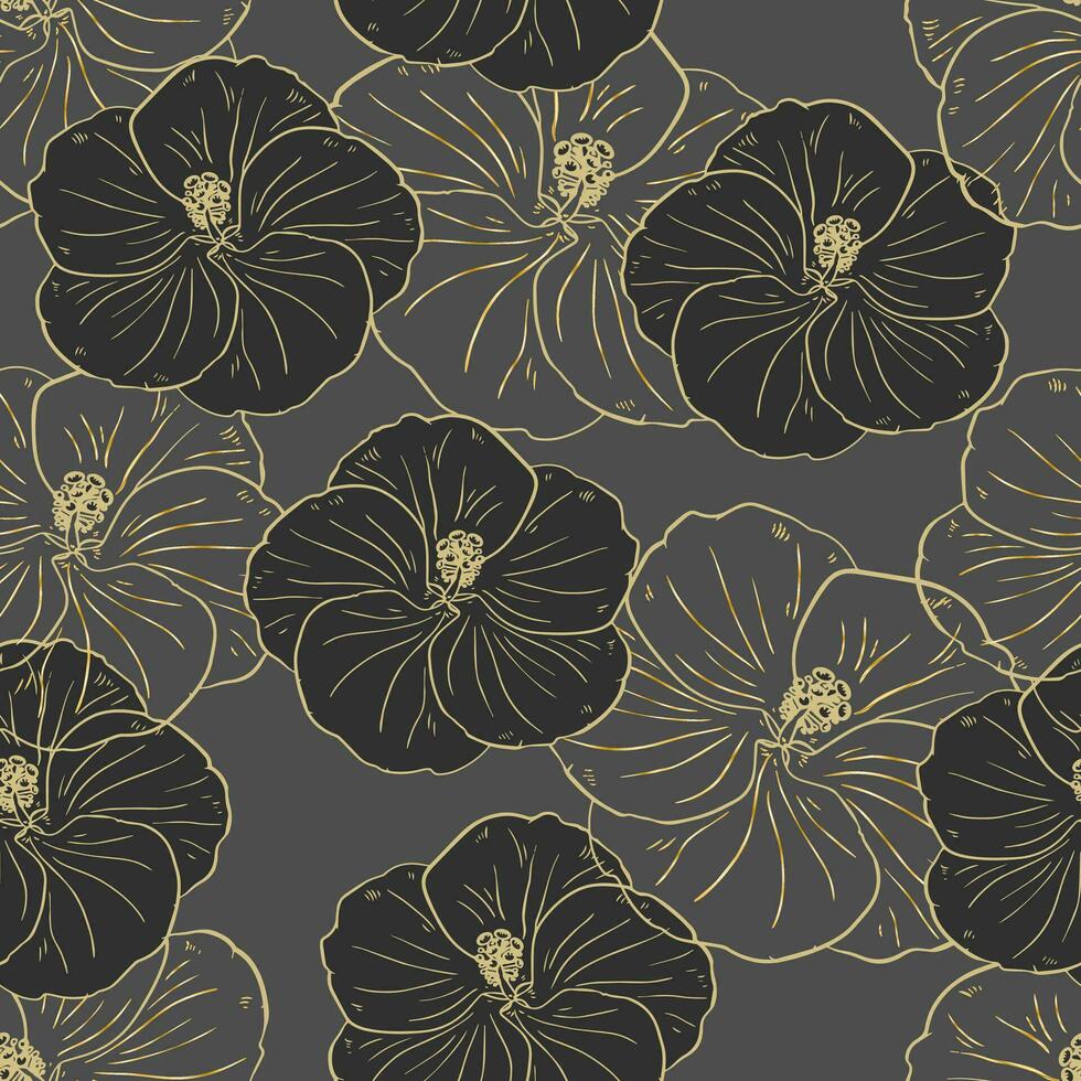 Seamless pattern, gray-gold hibiscus flowers close-up. Vintage background, print, textile, vector