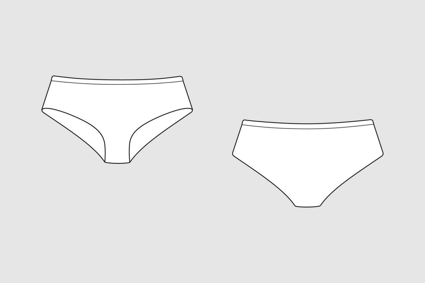 Lingerie briefs, underpants. Female vector template isolated on a grey background. Front and back view. Outline fashion technical sketch of clothes model.