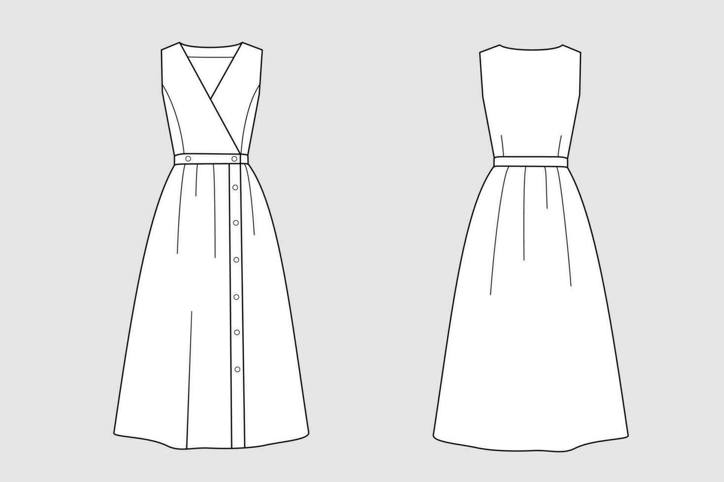 Female dress vector template isolated on a grey background. Front and back view. Outline fashion technical sketch of clothes model.