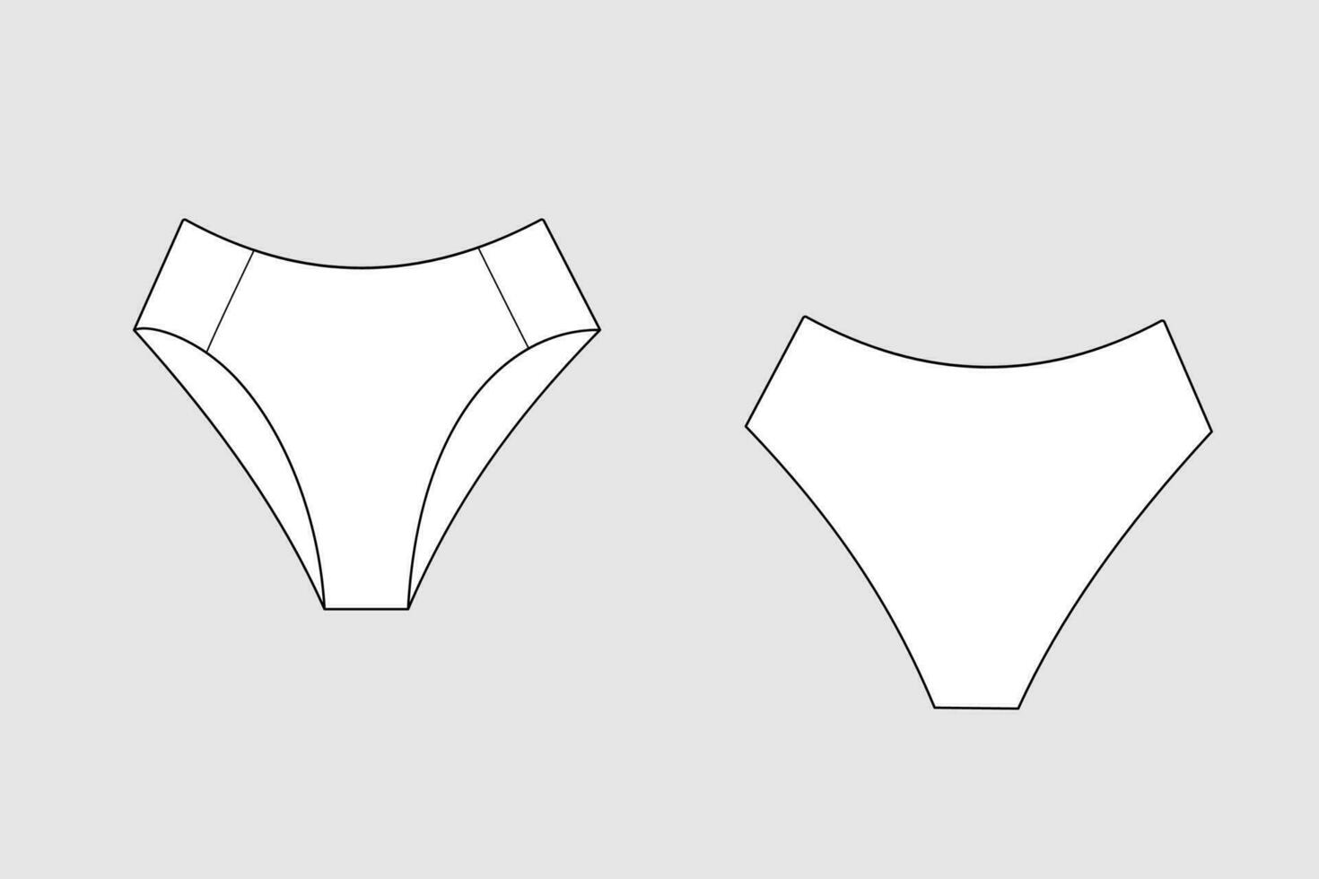 Lingerie briefs, underpants. Female vector template isolated on a grey background. Front and back view. Outline fashion technical sketch of clothes model.