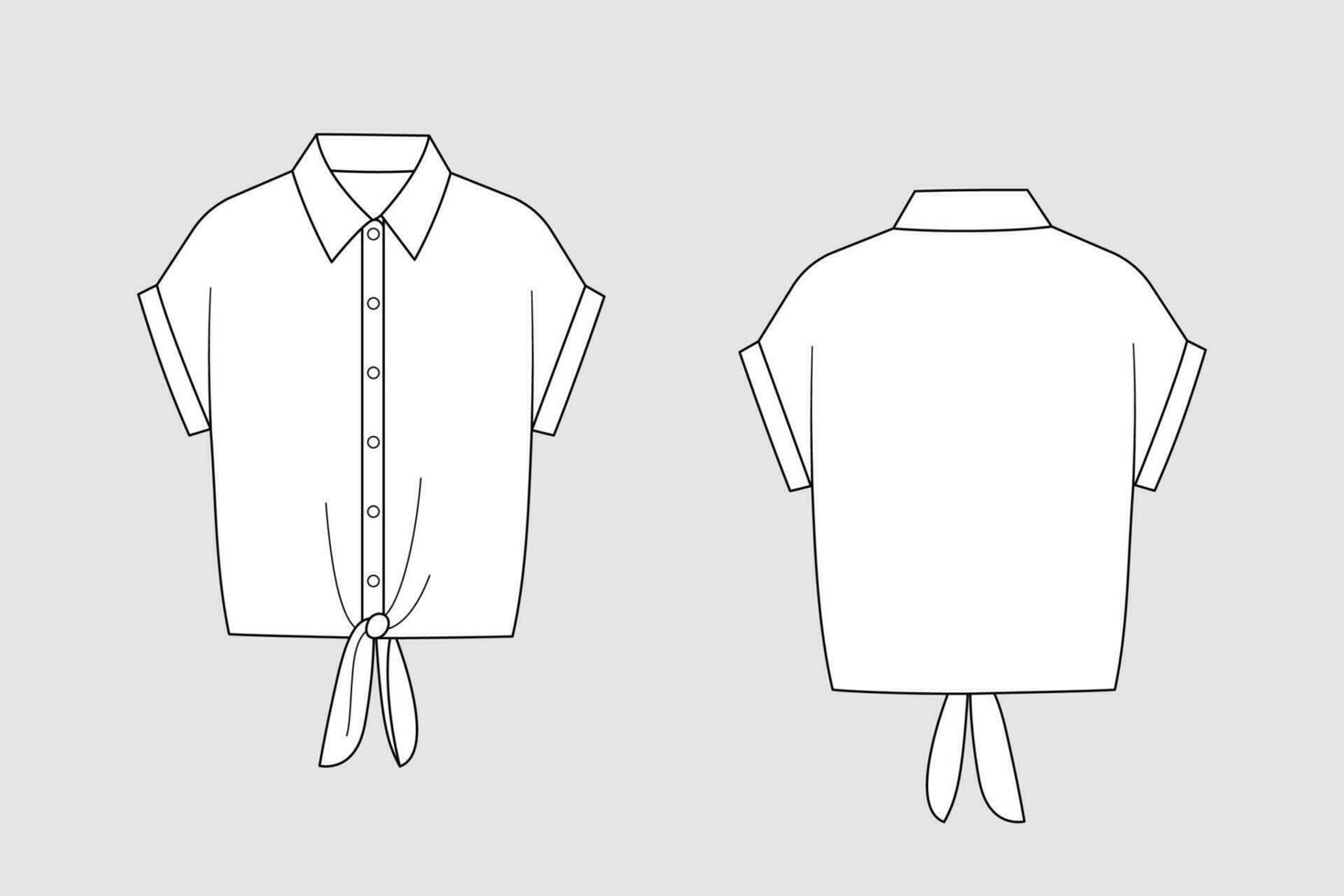 Female blouse vector template isolated on a grey background. Front and back view. Outline fashion technical sketch of clothes model.