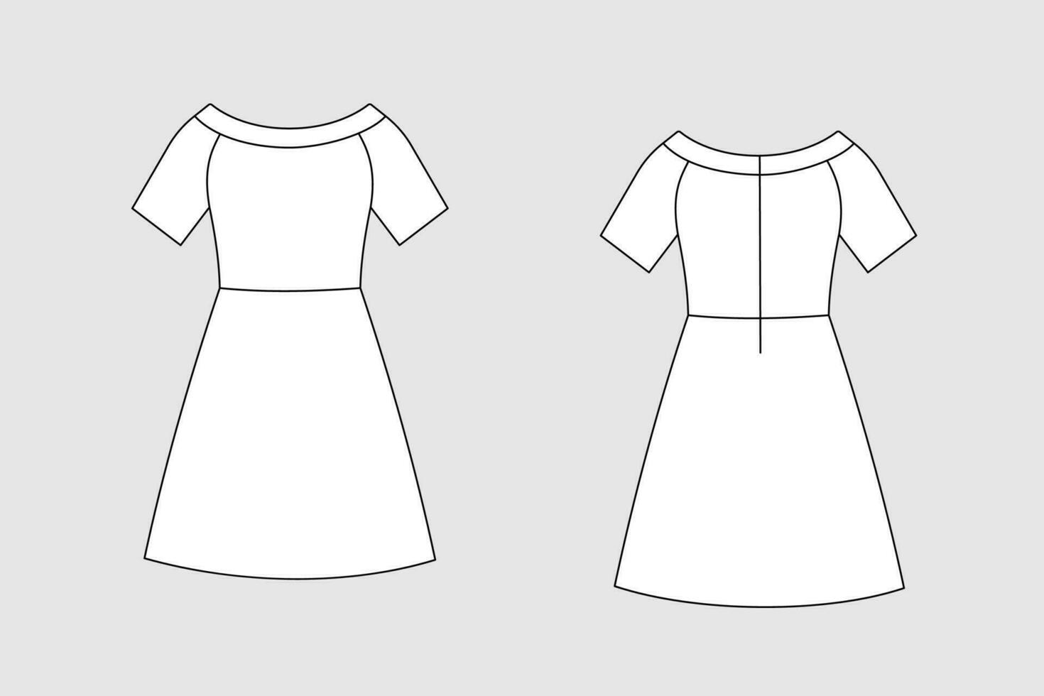 Female dress vector template isolated on a grey background. Front and back view. Outline fashion technical sketch of clothes model.