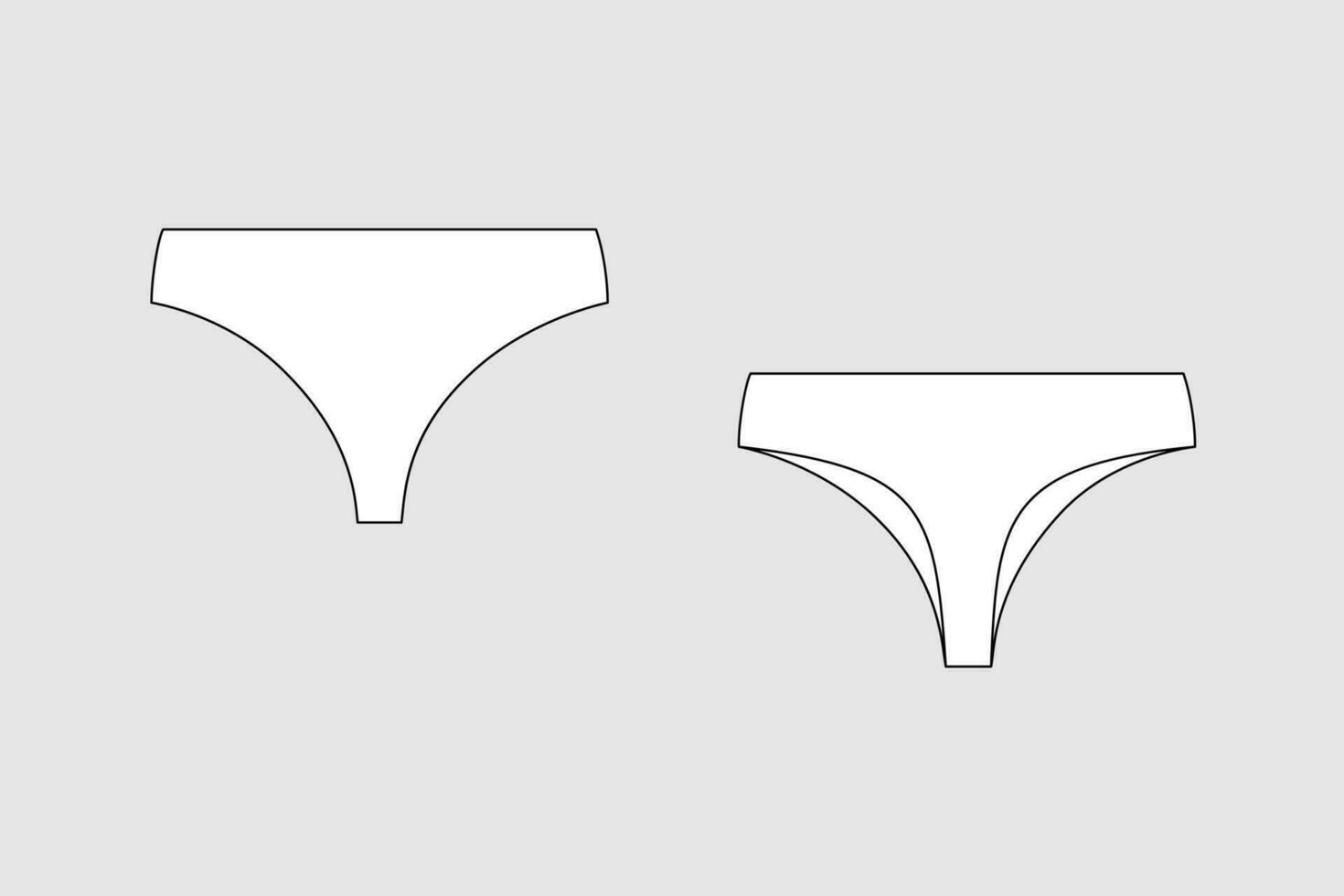 Lingerie briefs, underpants. Female vector template isolated on a grey background. Front and back view. Outline fashion technical sketch of clothes model.