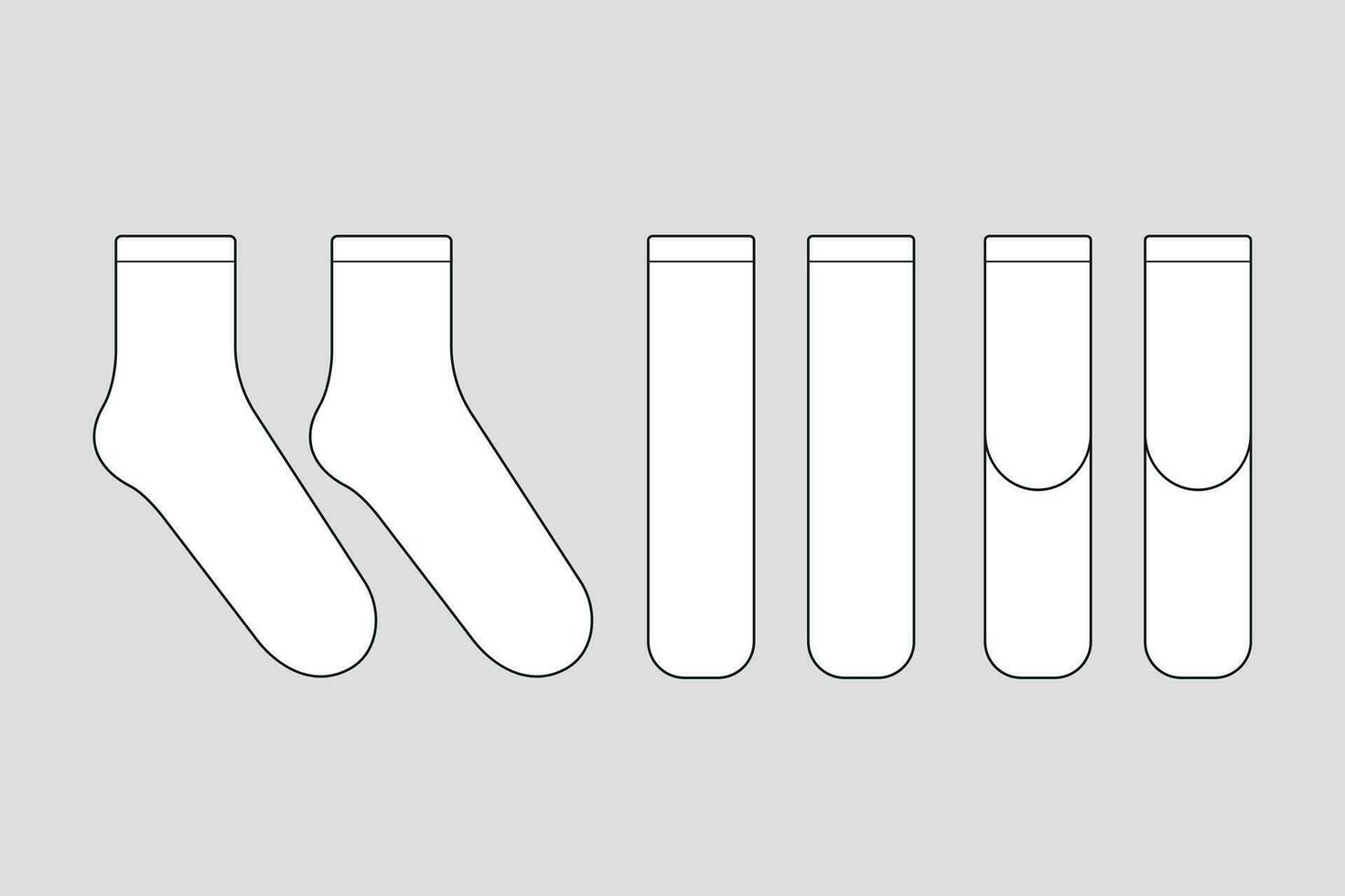 Socks vector template isolated on white. Unisex clothes. Apparel models sketch set. Outline for fashion clothes design. Front, right and back view.