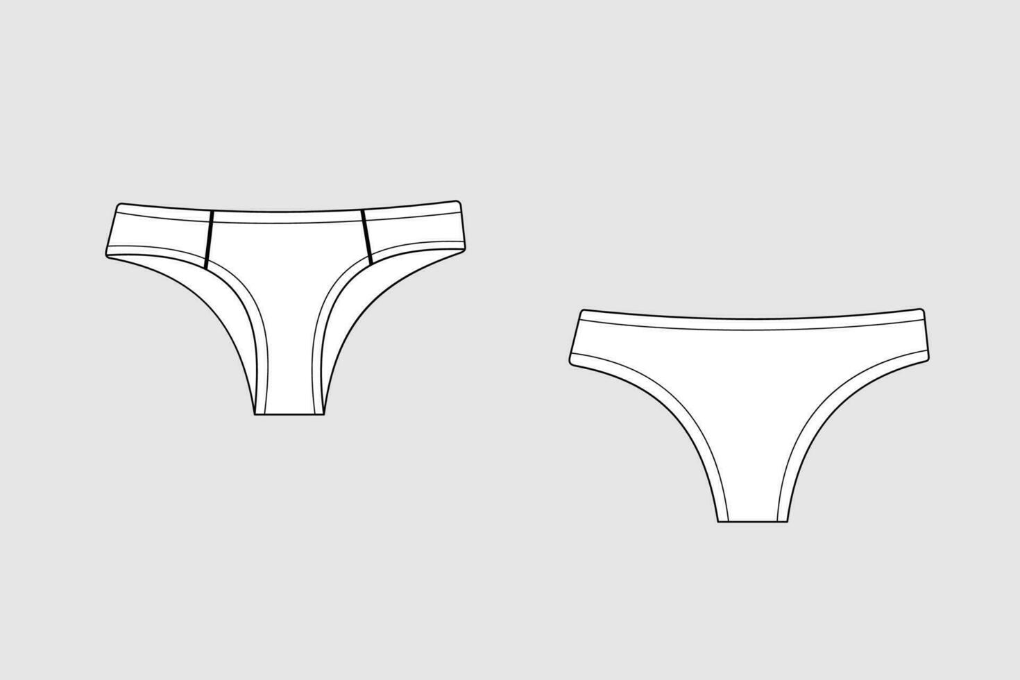 Lingerie briefs, underpants. Female vector template isolated on a grey background. Front and back view. Outline fashion technical sketch of clothes model.