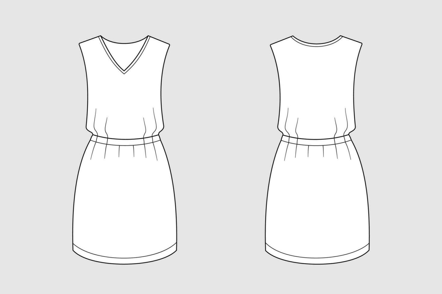 Female dress vector template isolated on a grey background. Front and back view. Outline fashion technical sketch of clothes model.