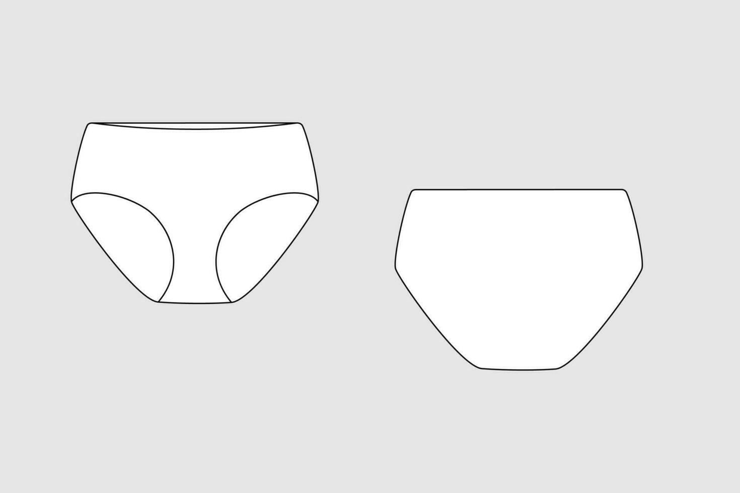 Lingerie briefs, underpants. Female vector template isolated on a grey background. Front and back view. Outline fashion technical sketch of clothes model.