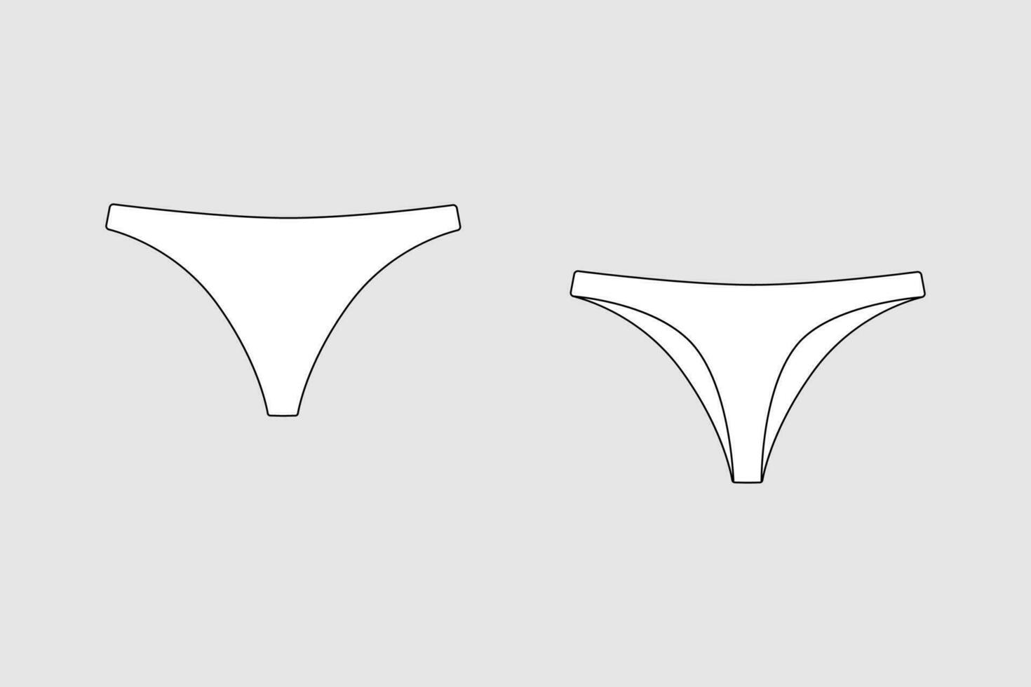 Lingerie briefs, underpants. Female vector template isolated on a grey background. Front and back view. Outline fashion technical sketch of clothes model.