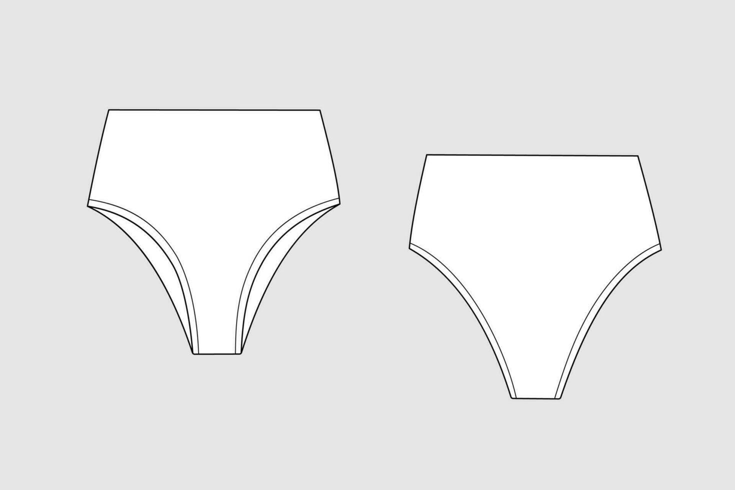 Lingerie briefs, underpants. Female vector template isolated on a grey background. Front and back view. Outline fashion technical sketch of clothes model.