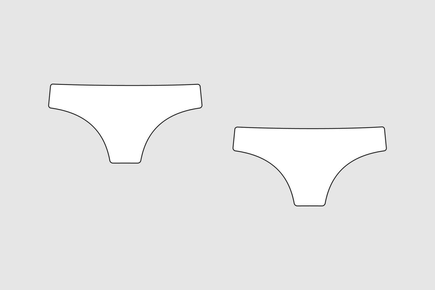 Lingerie briefs, underpants. Female vector template isolated on a grey background. Front and back view. Outline fashion technical sketch of clothes model.