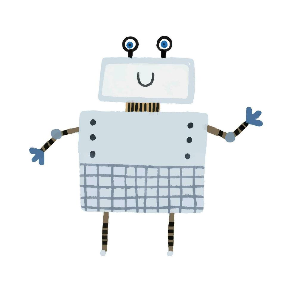 Funny cartoon colored kids robots. Cute cyborg, retro, android, smiling characters in flat illustration isolated on white background. Cute childish illustration, stickers, print vector