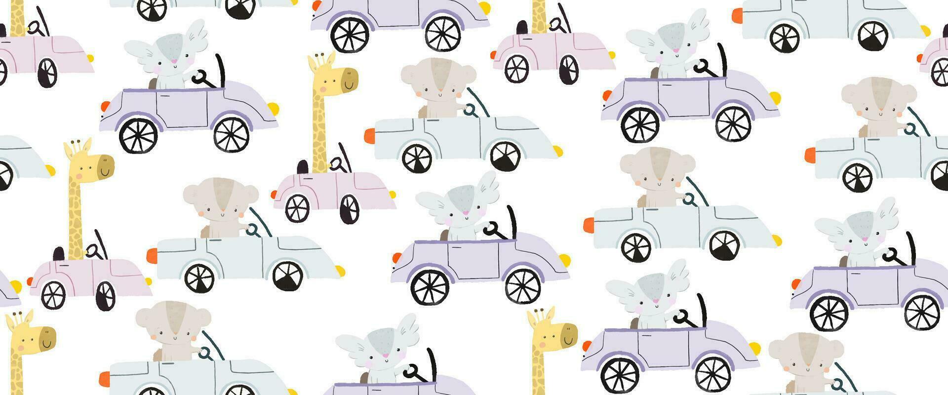 funny cartoon animals drive the car. Cute childhood illustration. Seamless pattern for wrapping paper. Endless design for nursery vector