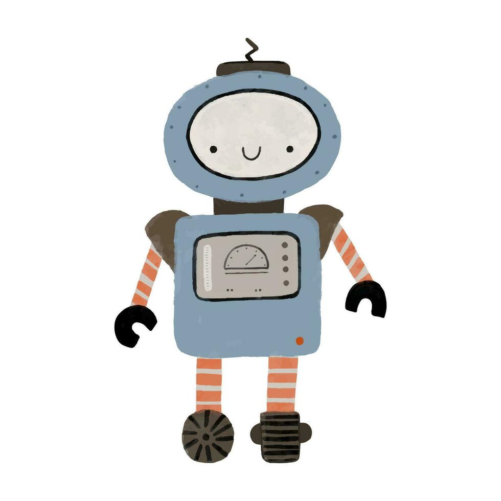 Funny cartoon colored kids robots. Cute cyborg, retro, android, smiling characters in flat illustration isolated on white background. Cute childish illustration, stickers, print vector