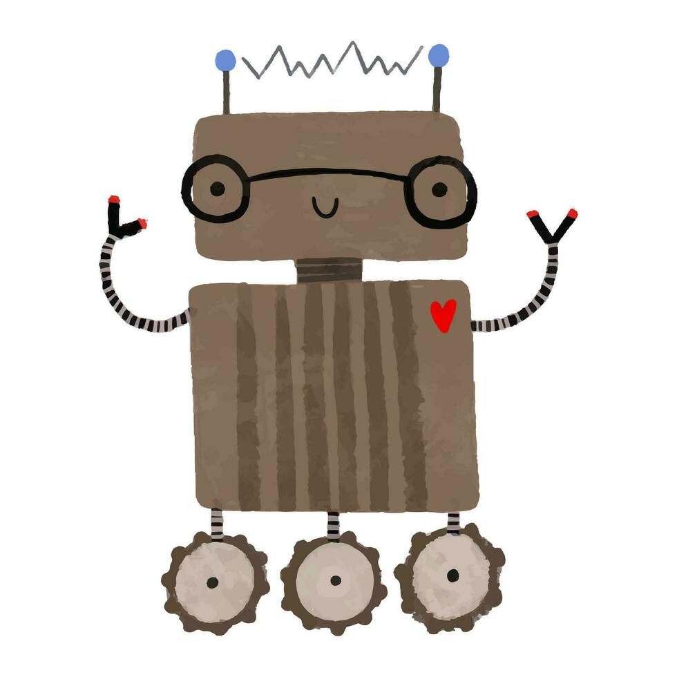 Funny cartoon colored kids robots. Cute cyborg, retro, android, smiling characters in flat illustration isolated on white background. Cute childish illustration, stickers, print vector