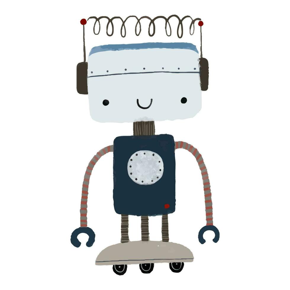 Funny cartoon colored kids robots. Cute cyborg, retro, android, smiling characters in flat illustration isolated on white background. Cute childish illustration, stickers, print vector