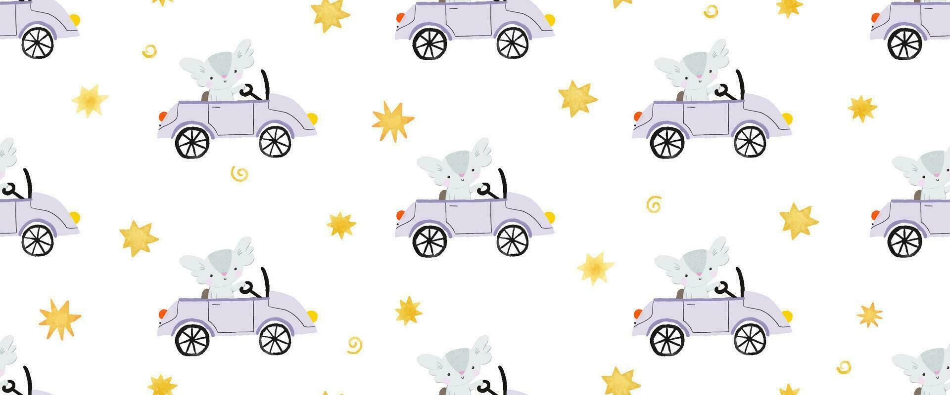 funny cartoon animals drive the car. Cute childhood illustration. Seamless pattern for wrapping paper. Endless design for nursery vector