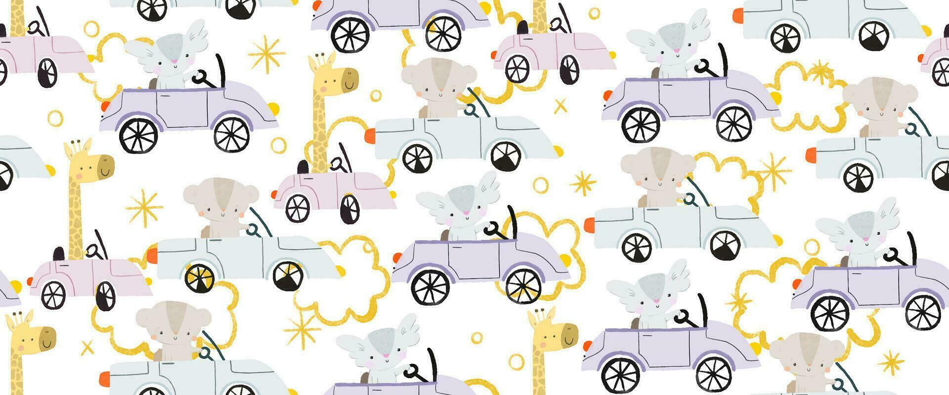 funny cartoon animals drive the car. Cute childhood illustration. Seamless pattern for wrapping paper. Endless design for nursery vector