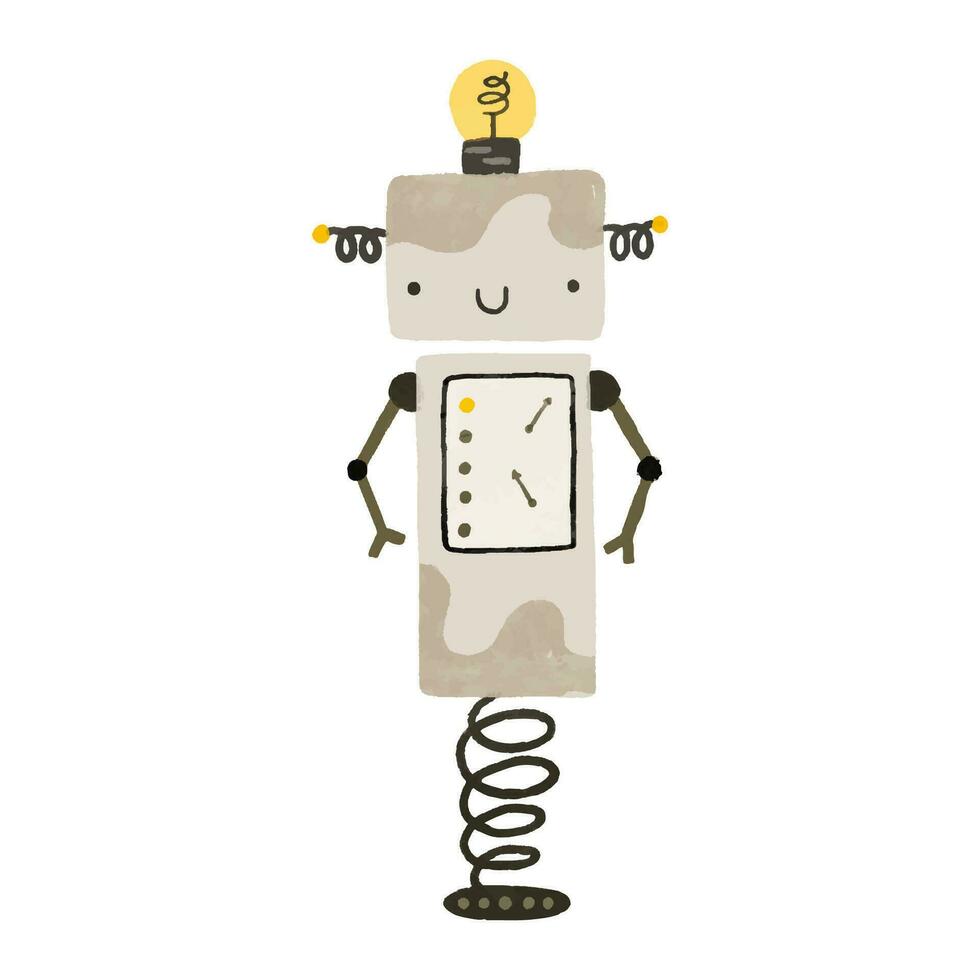 Funny cartoon colored kids robots. Cute cyborg, retro, android, smiling characters in flat illustration isolated on white background. Cute childish illustration, stickers, print vector