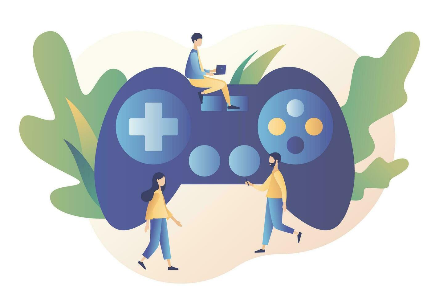 Gaming concept. People gamers playing online video game. Tiny people with a big controller. Modern flat cartoon style. Vector illustration