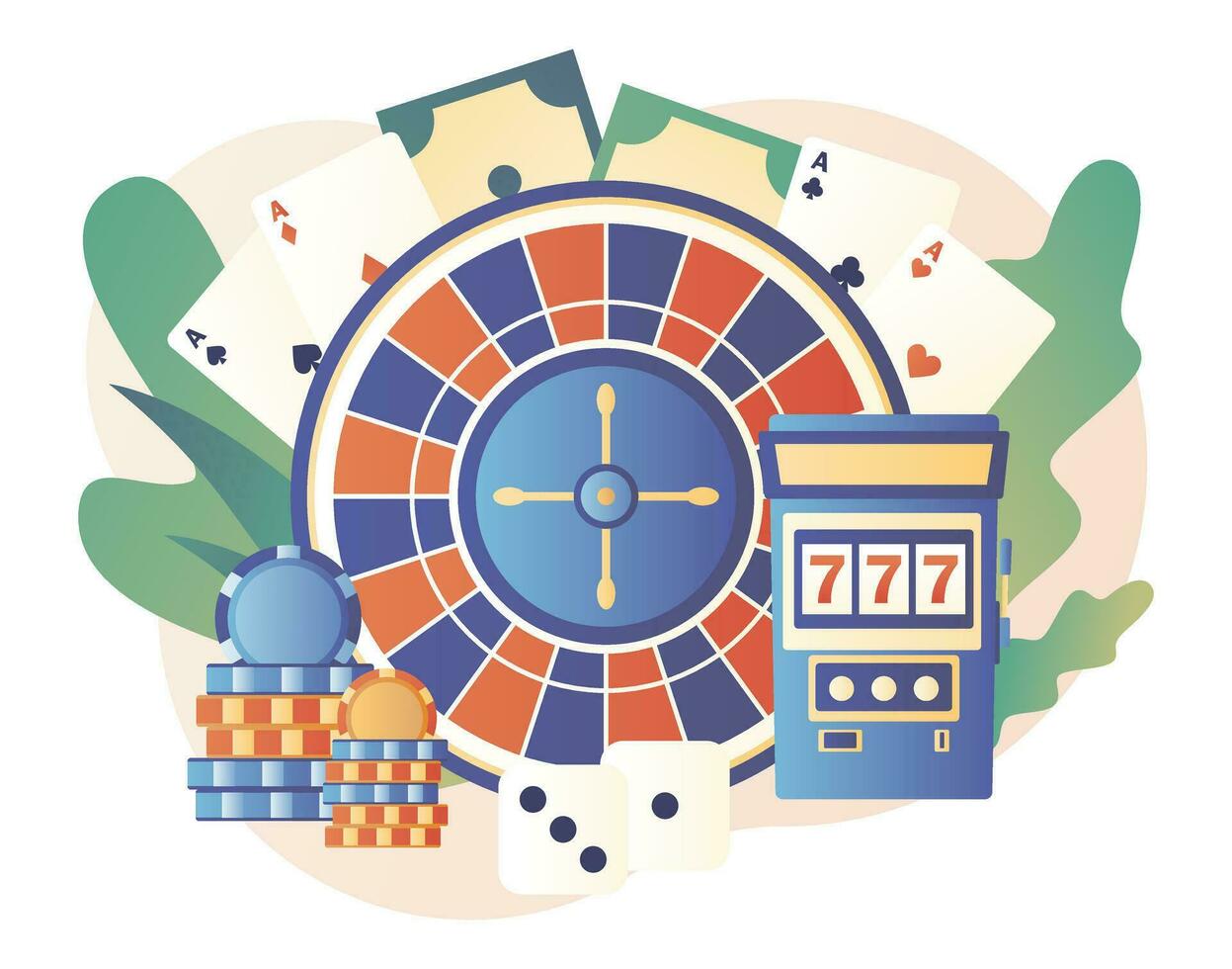 Casino and Gambling Concept. Poker, Roulette, Slot Machine. Modern flat cartoon style. Vector illustration
