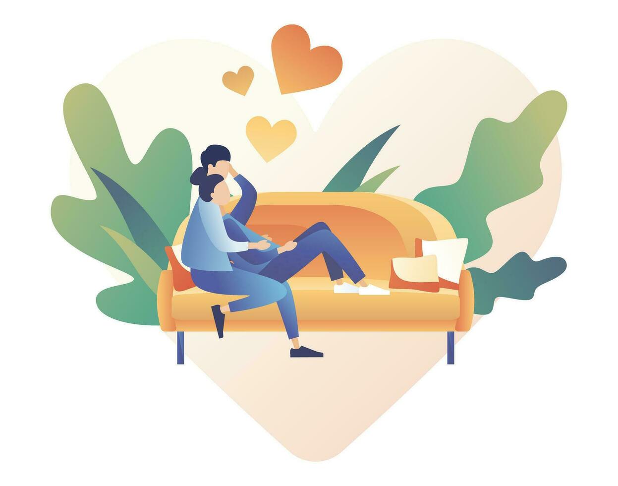 Loving couple spending time or relaxing together. Man and woman sit on the sofa in the home atmosphere. Romantic date concept. Characters Valentine day. Modern flat cartoon style. Vector illustration