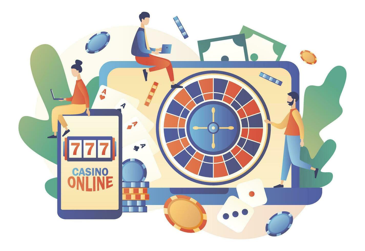 Internet casino y juego concepto. minúsculo personas juego de azar en línea juego juegos. personas jugar en línea póker, ruleta, espacio máquina. moderno plano dibujos animados estilo. vector ilustración