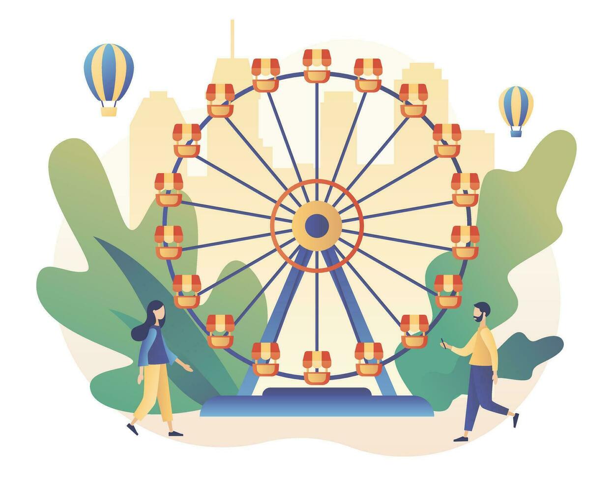 Amusement park concept. Tiny people with carousels, roller coaster, air balloon, circus, fun fair and carnival. Modern flat cartoon style. Vector illustration