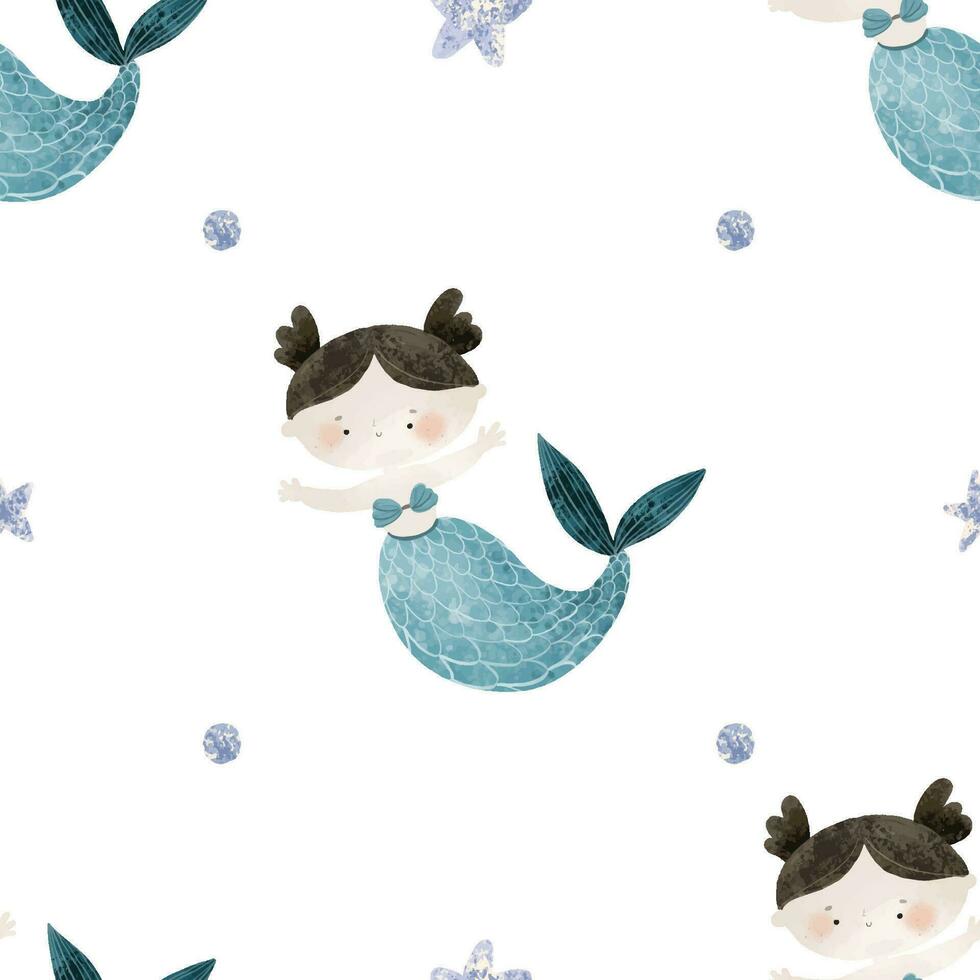 seamless pattern with Sea cartoon mermaids. Mermaid character, fish and underwater life. Cartoon girl with mermaids tail, underwater fishes. Summer pattern, nursery design and print vector