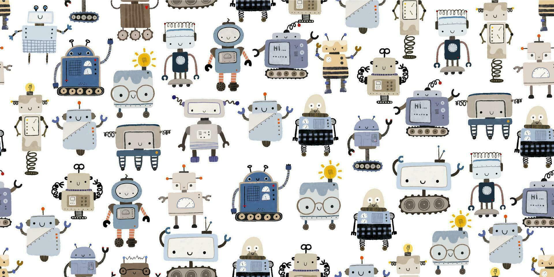 Colorful cartoon robots isolated background seamless pattern. Endless pattern with different robots. Repeating color simple flat pattern with monsters. Pattern for kids with cartoon characters. vector