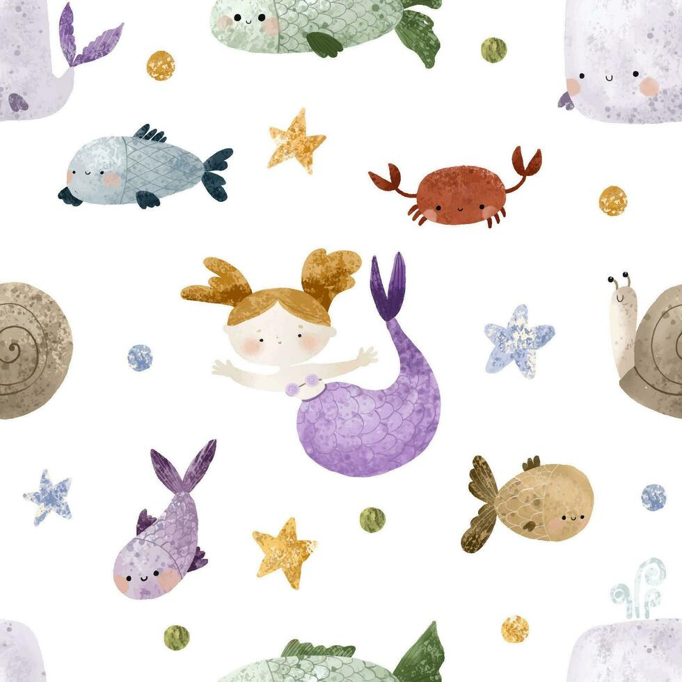 seamless pattern with Sea cartoon mermaids. Mermaid character, fish and underwater life. Cartoon girl with mermaids tail, underwater fishes. Summer pattern, nursery design and print vector