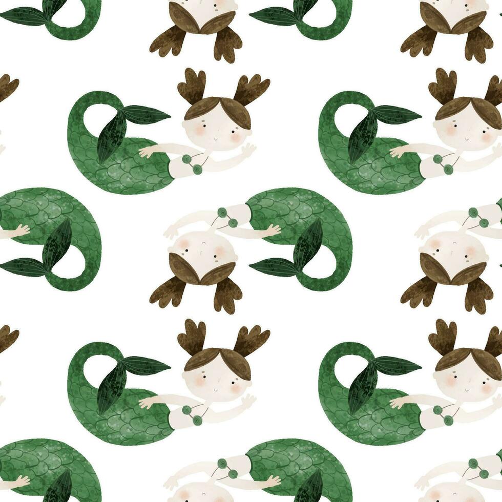seamless pattern with Sea cartoon mermaids. Mermaid character, fish and underwater life. Cartoon girl with mermaids tail, underwater fishes. Summer pattern, nursery design and print vector