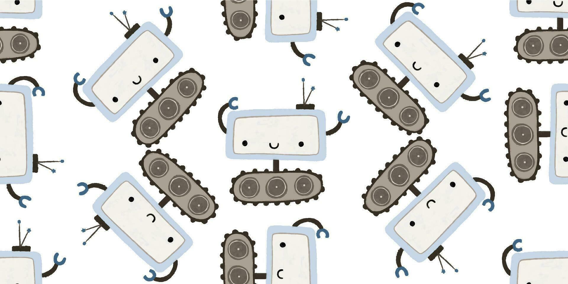 Colorful cartoon robots isolated background seamless pattern. Endless pattern with different robots. Repeating color simple flat pattern with monsters. Pattern for kids with cartoon characters. vector
