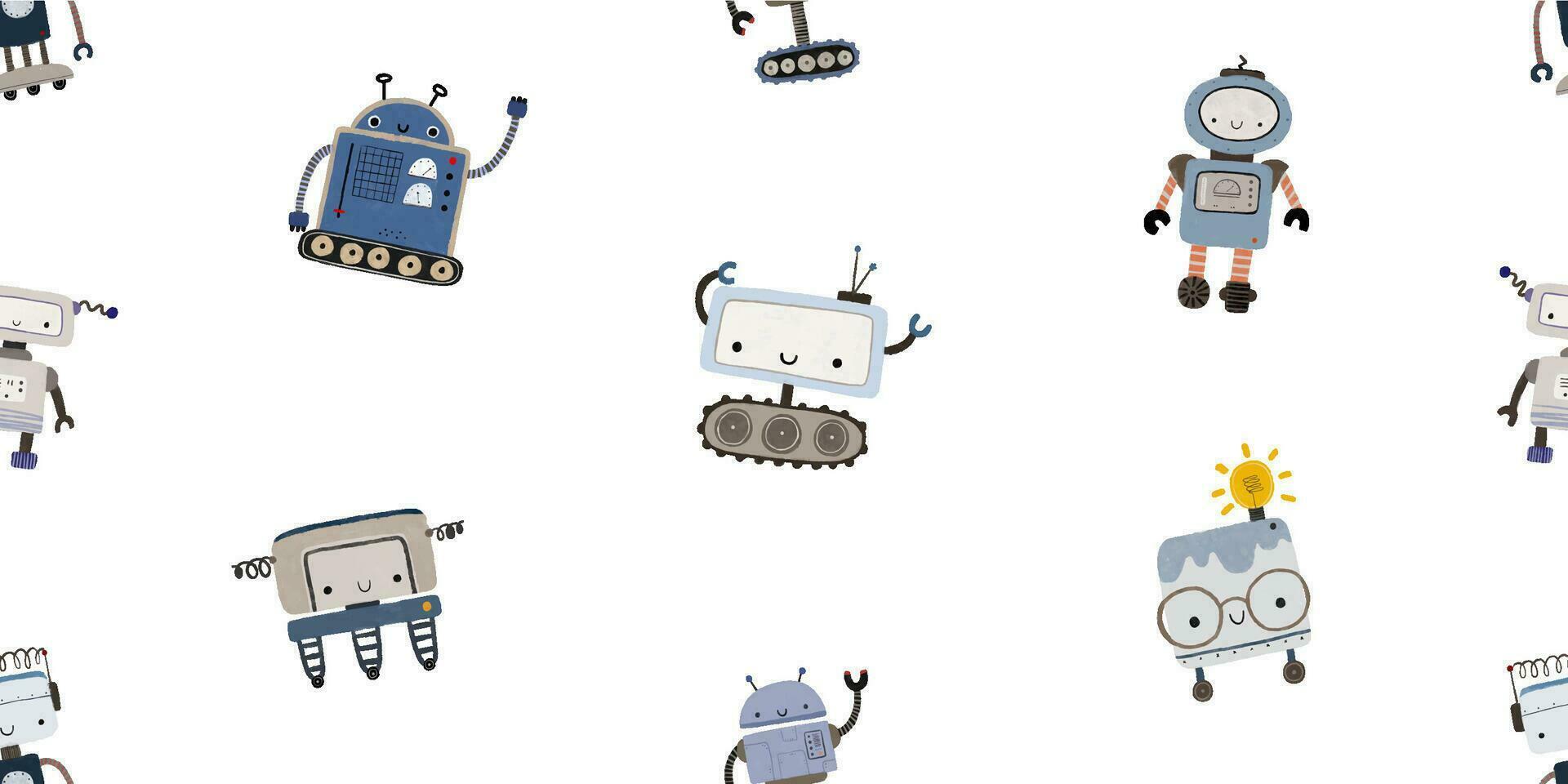 vistoso dibujos animados robots aislado antecedentes sin costura modelo. interminable modelo con diferente robots repitiendo color sencillo plano modelo con monstruos modelo para niños con dibujos animados caracteres. vector