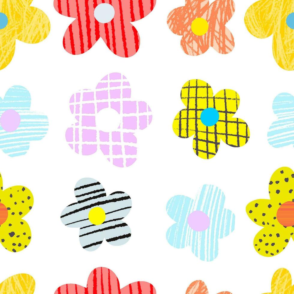 Naive seamless floral boho pattern with white daisies on a peach background in doodle style vector