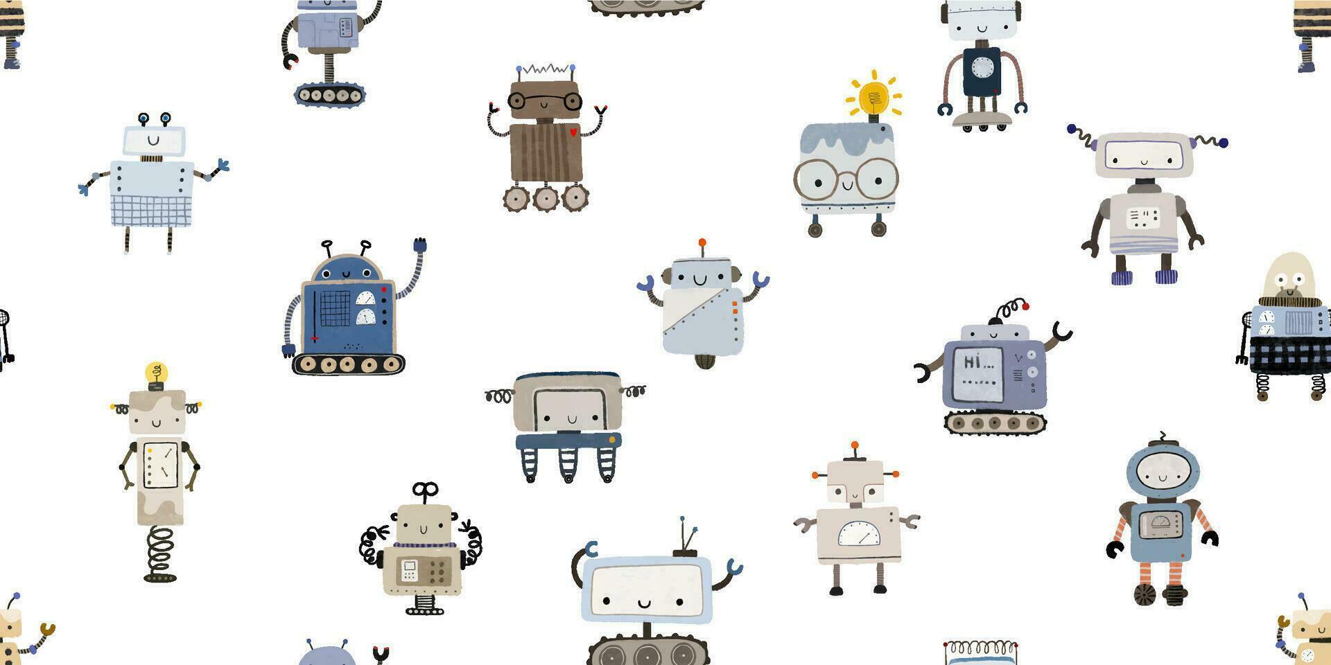 Colorful cartoon robots isolated background seamless pattern. Endless pattern with different robots. Repeating color simple flat pattern with monsters. Pattern for kids with cartoon characters. vector
