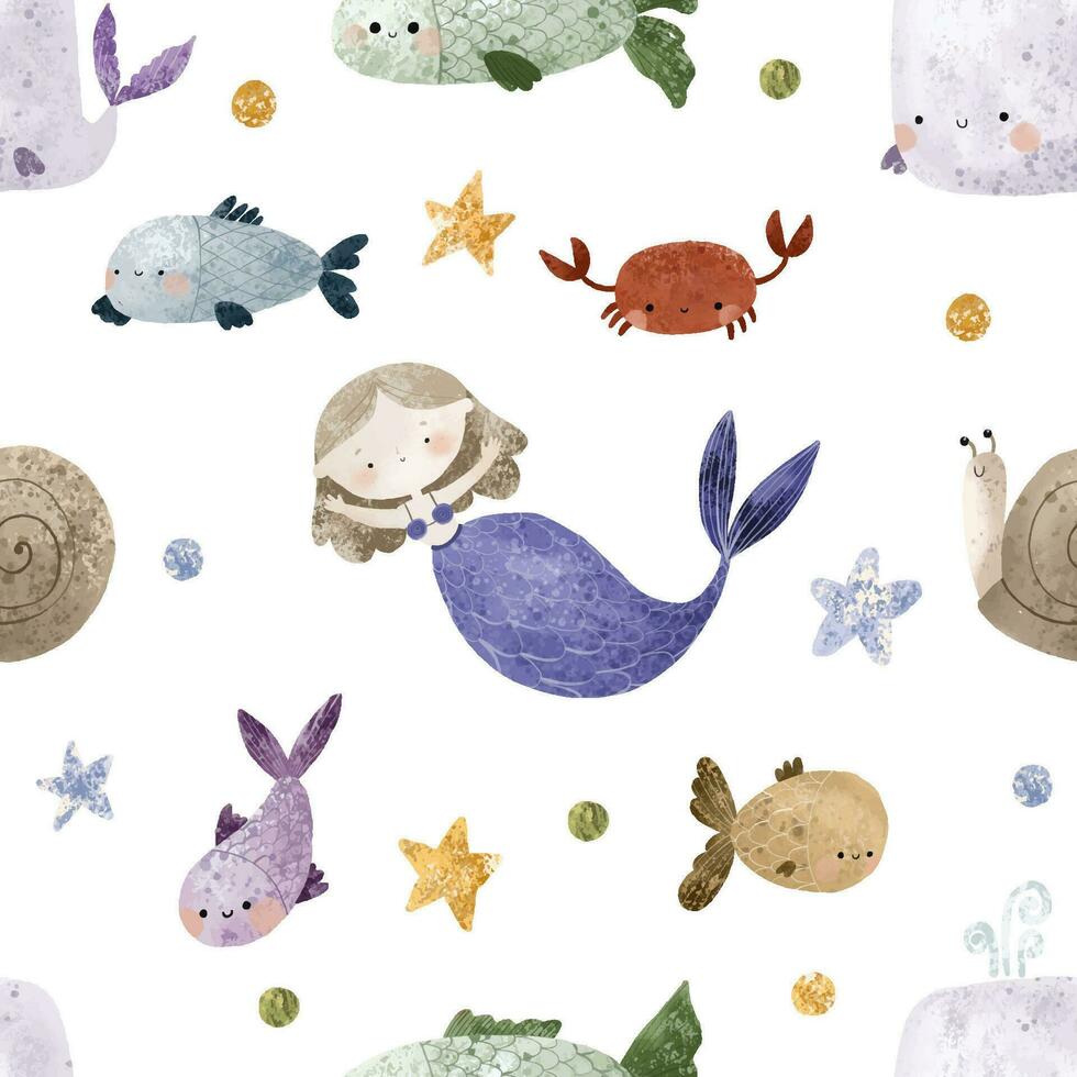seamless pattern with Sea cartoon mermaids. Mermaid character, fish and underwater life. Cartoon girl with mermaids tail, underwater fishes. Summer pattern, nursery design and print vector