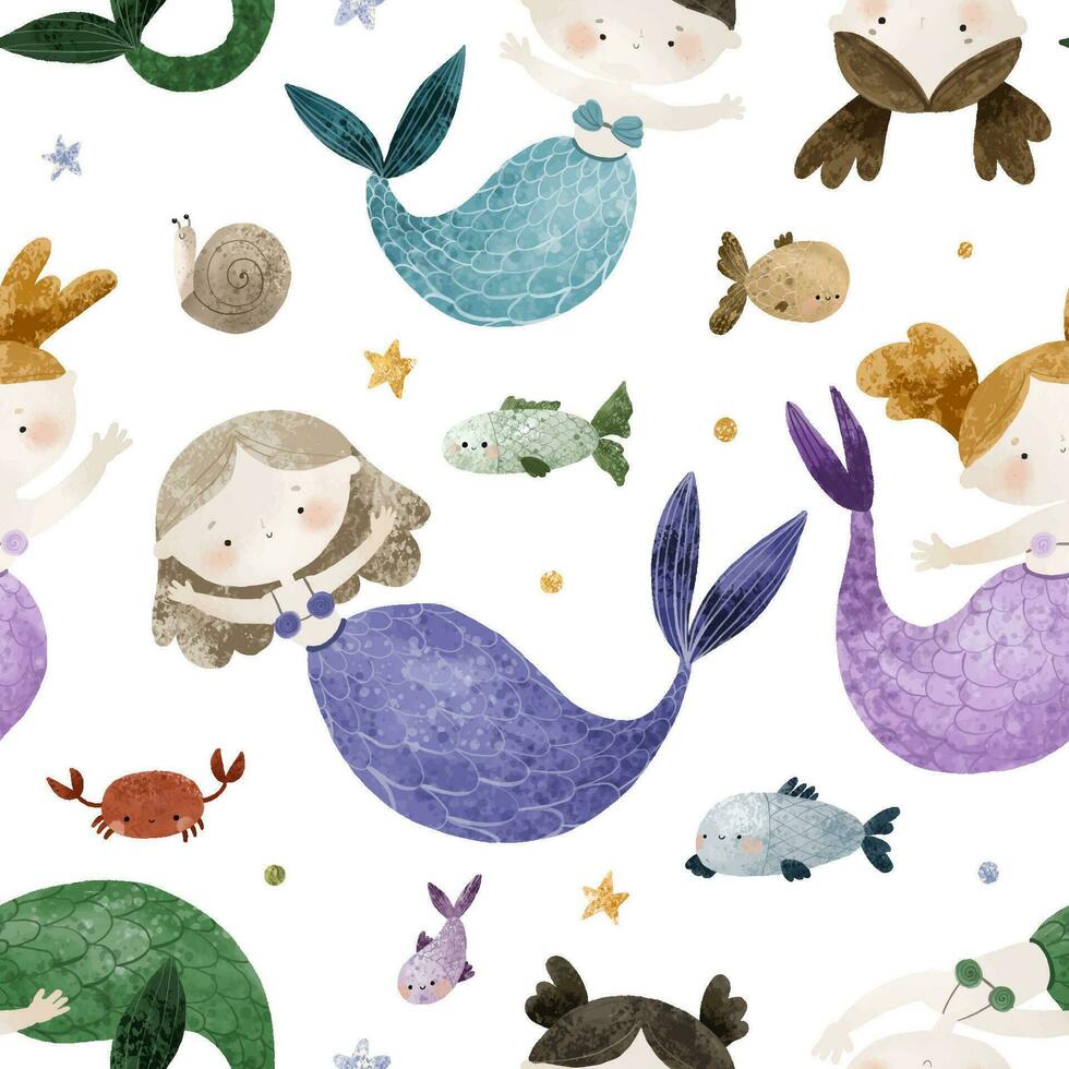 seamless pattern with Sea cartoon mermaids. Mermaid character, fish and underwater life. Cartoon girl with mermaids tail, underwater fishes. Summer pattern, nursery design and print vector