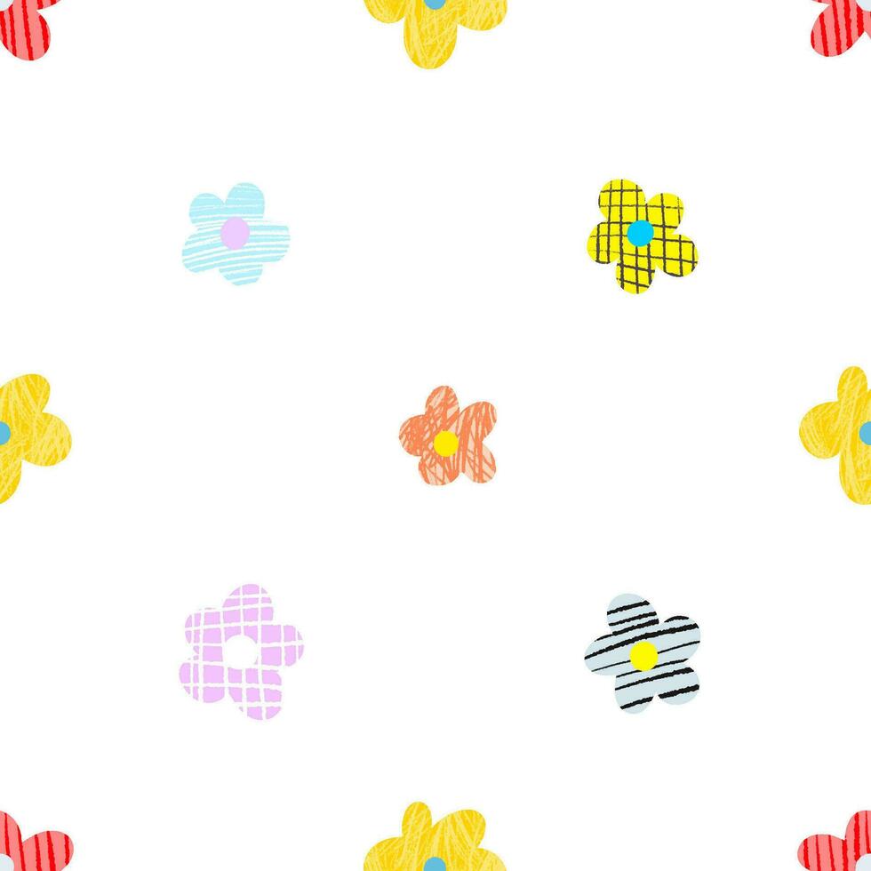 Naive seamless floral boho pattern with white daisies on a peach background in doodle style vector