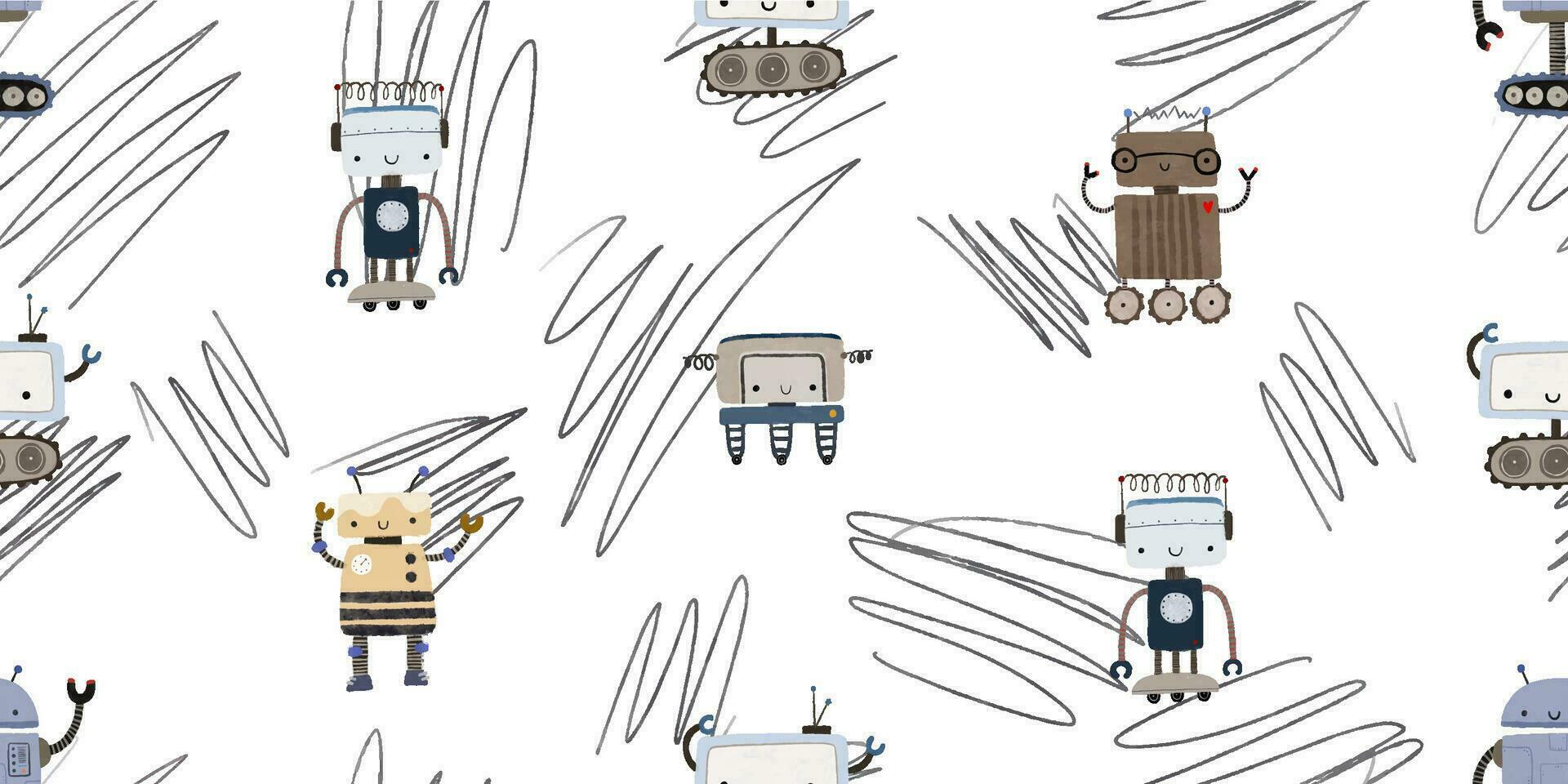Colorful cartoon robots isolated background seamless pattern. Endless pattern with different robots. Repeating color simple flat pattern with monsters. Pattern for kids with cartoon characters. vector