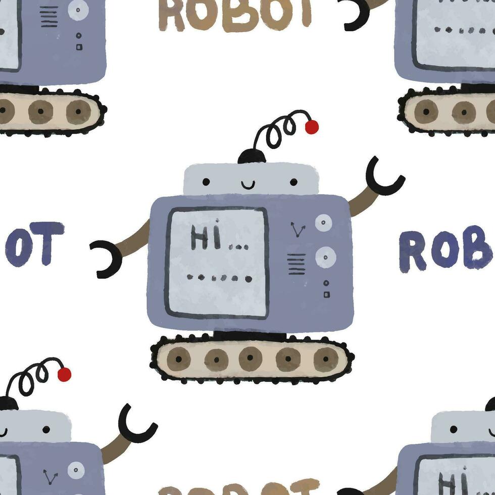 Seamless pattern with different vintage robots. Hand painted illustration. Isolated endless repeating color simple flat pattern with robots, bolts, lettering and doodles. Pattern for kids with robots vector