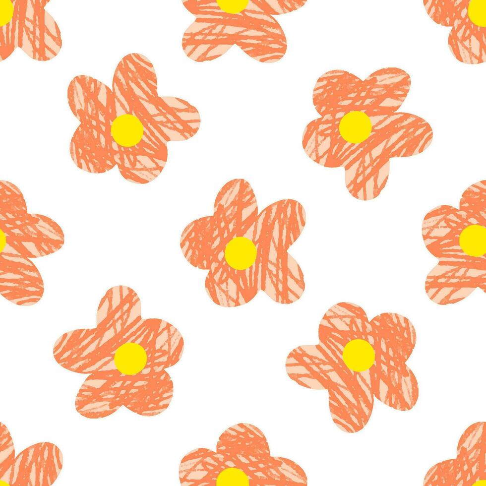 Naive seamless floral boho pattern with white daisies on a peach background in doodle style vector