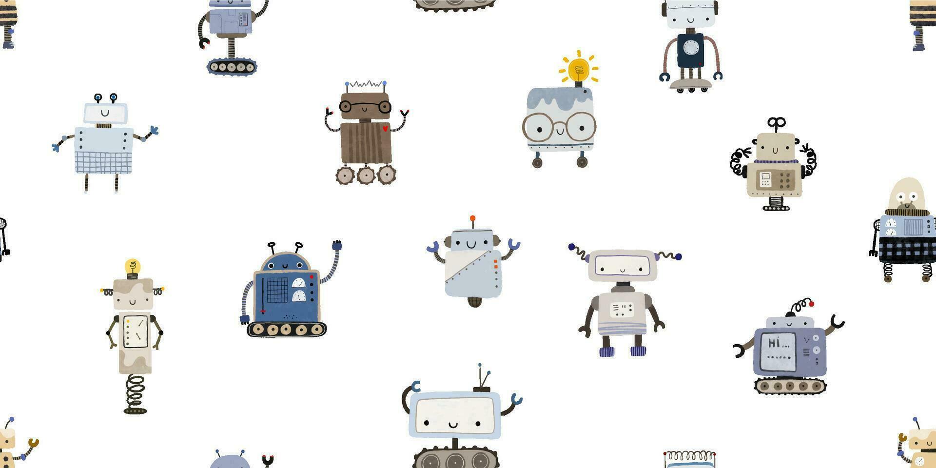 Colorful cartoon robots isolated background seamless pattern. Endless pattern with different robots. Repeating color simple flat pattern with monsters. Pattern for kids with cartoon characters. vector