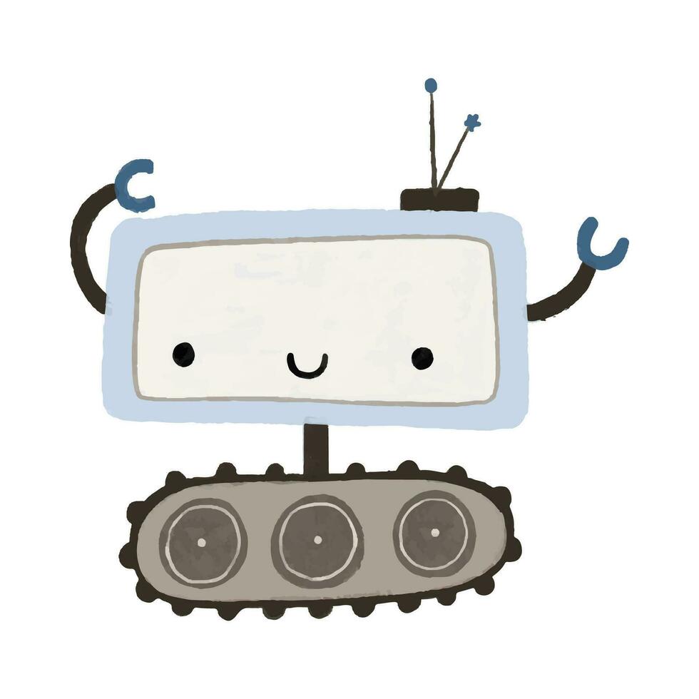 Funny cartoon colored kids robots. Cute cyborg, retro, android, smiling characters in flat illustration isolated on white background. Cute childish illustration, stickers, print vector